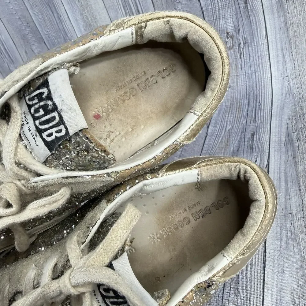 Golden Goose Super-Star Girls Size 1.5Y EUR 34 Silver Glitter Shoes Sneakers